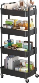 4-Tier Plastic Rolling Utility Cart with Handle, Multi-Functional Storage Trolley for Office, Living Room, Kitchen