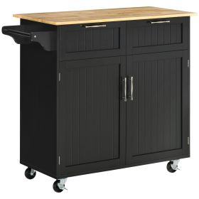 Rolling Kitchen Island, Kitchen Cart on Wheels with 2 Storage Drawers, 2 Door Cabinets and Towel Rack for Dining Room (Black, 2-Doors)