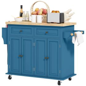 Kitchen Island with Storage, Rolling Trolley Cart with Rubber Wood Top, Spice Rack, Towel Rack, Blue